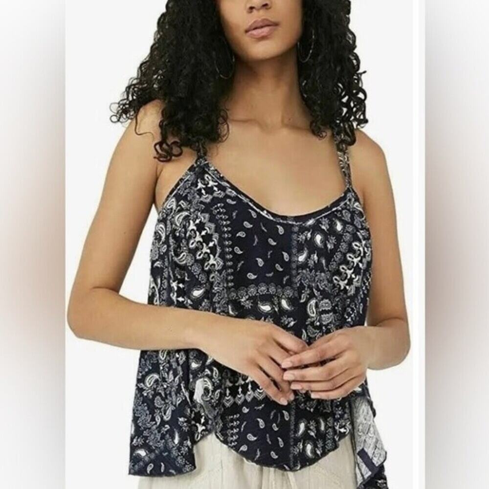 Free People Hey Girl Navy Boho Printed Paisley Swing Cotton Tank Top size Small